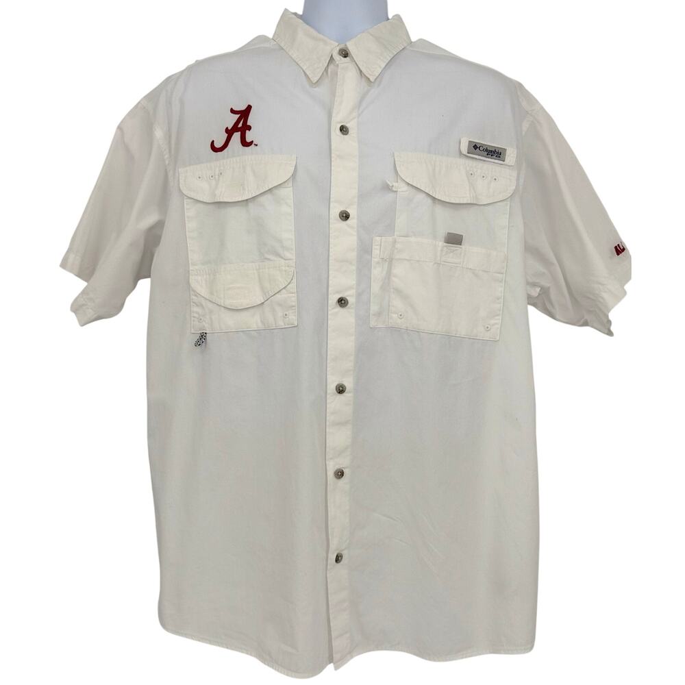 Columbia PFG Alabama Logo Short Sleeve Button Down, White, L